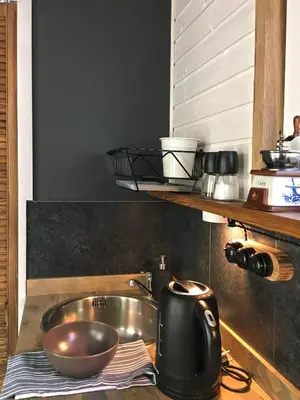 a kitchen with a sink and a bowl on a counter at Inkilas in Sidabrinės