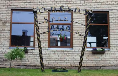 a tree with birds on it in front of a building at Marsas in Zarasai