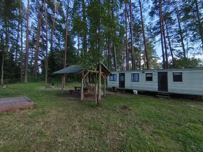 a cabin in the woods with a picnic table and a tent at NeriPaulis in Ažvinčiai