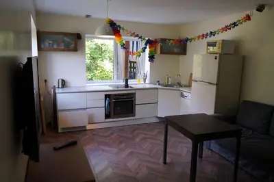 a kitchen with a refrigerator and a table in a room at Lakefront house in Senoji Varėna in Varėna