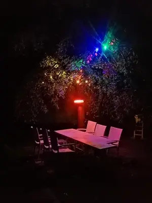 a picnic table with chairs and a light at night at Lakefront house in Senoji Varėna in Varėna