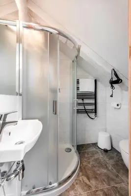 a bathroom with a shower and a sink and a toilet at Small attic rooms in Kaunas old town in Kaunas