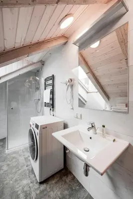 a bathroom with a washing machine and a sink at Small attic rooms in Kaunas old town in Kaunas
