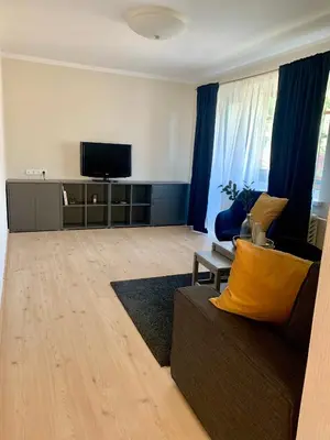 a living room with a couch and a flat screen tv at Centro Apartamentai in Zarasai