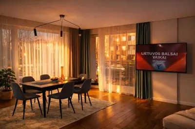 a dining room with a table and chairs and a tv at Centro apartamentai in Birštonas