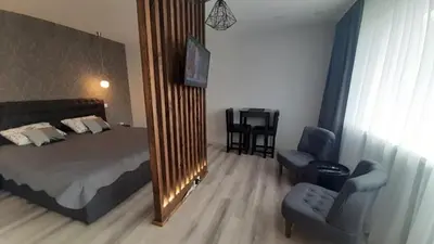 a bedroom with a bed and a chair and a mirror at Jaukūs apartamentai-studija, centre in Šiauliai
