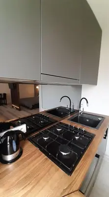 a kitchen with a stove and a counter top at Jaukūs apartamentai-studija, centre in Šiauliai