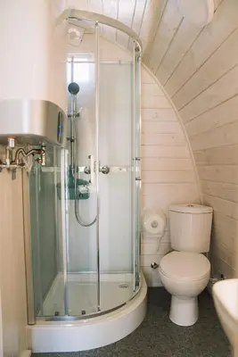 a bathroom with a toilet and a glass shower at Natur Camp Birštonas in Birštonas