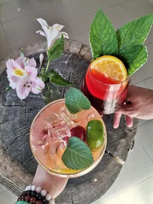 a person holding a drink on a wooden table at Natur Camp Birštonas in Birštonas