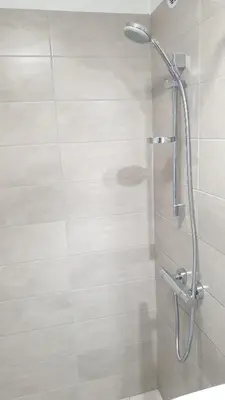 a shower with a shower head in a bathroom at Muziejaus 10 studija in Anykščiai