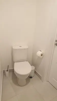 a white bathroom with a toilet and a roll of toilet paper at Muziejaus 10 studija in Anykščiai