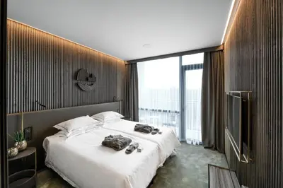 a bedroom with a large bed and a large window at Mana Sleep & Spa in Druskininkai
