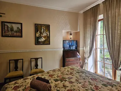 a bedroom with a bed and a window at Barrister's apartments with fireplace in Šiauliai