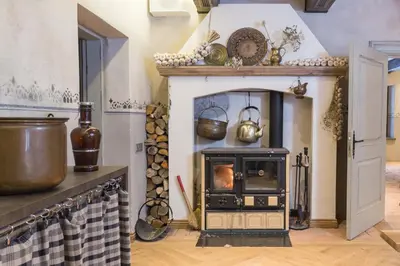 a kitchen with a wood stove in a room at Zyplių Dvaro Oficina Viešbutis in Lukšiai