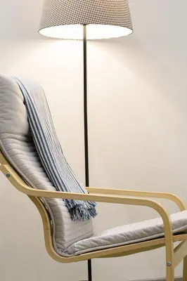 a chair sitting next to a floor lamp at Jundula in Šakiai