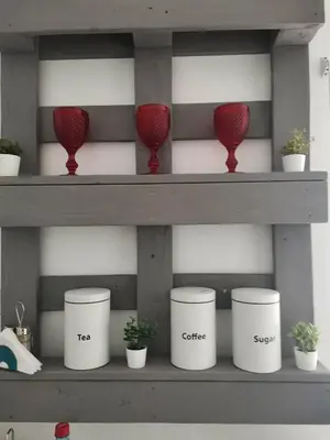 a shelf with pots of plants and red vases at Butas Senamiestyje Vytauto 7-4 in Rokiškis