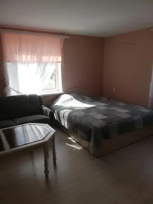 a bedroom with a bed and a couch and a window at VĖJO16 in Biržai