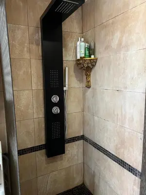 a bathroom with a shower with a black door at Cosy and peaceful apartment in Kaunas