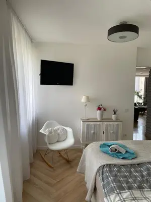 a bedroom with a bed and a chair and a television at Lake apartaments in Ignalina