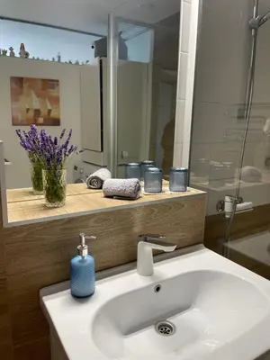 a bathroom with a white sink and a mirror at Lake apartaments in Ignalina