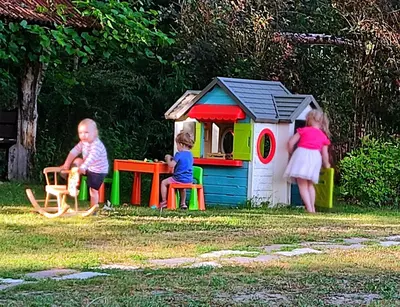 a group of children playing in a toy house at Sodyba Basapėdė in Bijutiškis