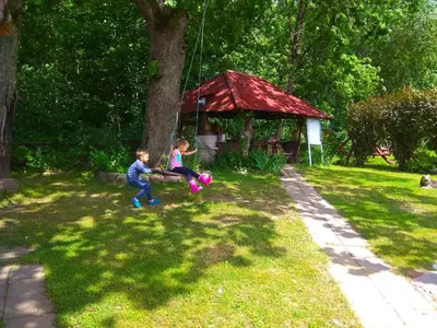 two children playing with a ball in a yard at Sodyba Basapėdė in Bijutiškis