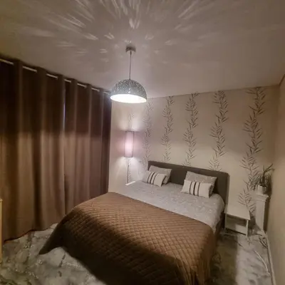 a bedroom with a bed and a chandelier at Holiday Apartments 10 in Druskininkai