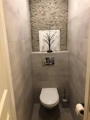 a bathroom with a toilet and a picture on the wall at Holiday Apartments 10 in Druskininkai