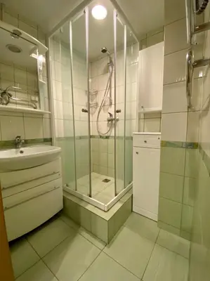 a bathroom with a shower and a sink at Apartamentai Vytauto 16 in Druskininkai