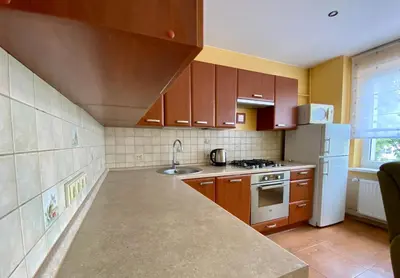 a small kitchen with a sink and a refrigerator at Apartamentai Vytauto 16 in Druskininkai