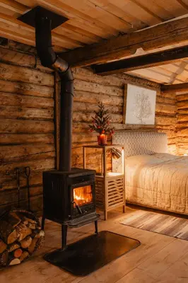 a fireplace in a log cabin with a bed at Vienkiemio Oazė - Pasakų namelis in Galvokai