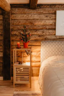 a bedroom with a bed and a table with a plant at Vienkiemio Oazė - Pasakų namelis in Galvokai