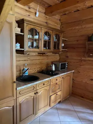 a kitchen with wooden cabinets and a sink in a cabin at Šeimyninis namelis nr.1 in Kurėnai