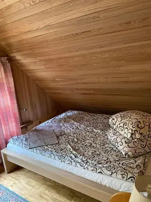 a bed in a room with a wooden wall at Šeimyninis namelis nr.2 in Kurėnai