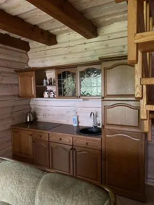 a kitchen with wooden cabinets and a sink in a cabin at Šeimyninis namelis nr.2 in Kurėnai