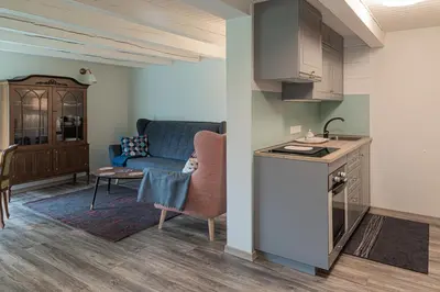a kitchen and a living room with a blue couch at Namelis prie Širvintos upės su pirtimi in Širvintos