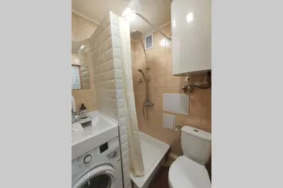 a bathroom with a toilet sink and a washing machine at Cozy stay in unique town - Kėdainiai in Kėdainiai