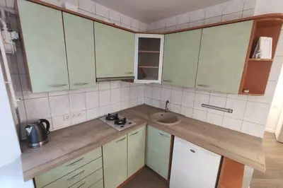 a small kitchen with green cabinets and a sink at Cozy stay in unique town - Kėdainiai in Kėdainiai