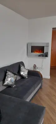 a living room with a couch and a fireplace at Cozy stay in unique town - Kėdainiai in Kėdainiai