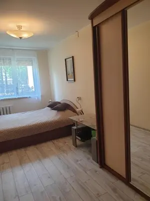 a bedroom with a bed and a large mirror at Lima C in Druskininkai