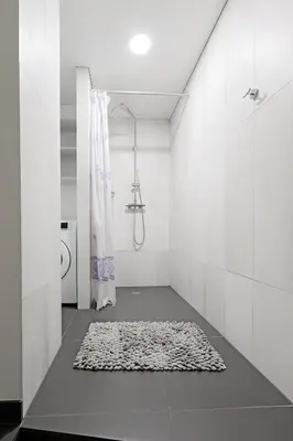 a bathroom with a shower and a rug at Buddha Luxury Apartment Kaunas city centre in Kaunas
