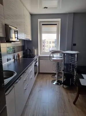 a kitchen with a counter and a sink and a stool at Pas Romaną in Zarasai
