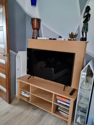a flat screen tv on a wooden entertainment center at Pas Romaną in Zarasai