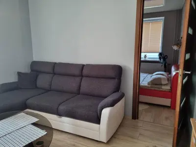 a living room with a couch and a mirror at Pas Romaną in Zarasai