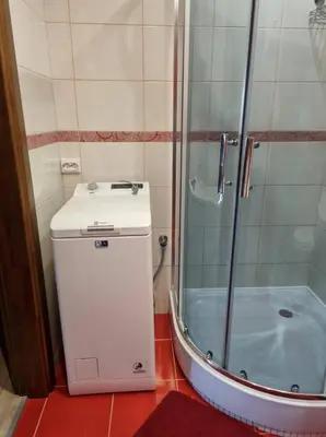 a shower with a toilet and a sink in a bathroom at Pas Romaną in Zarasai