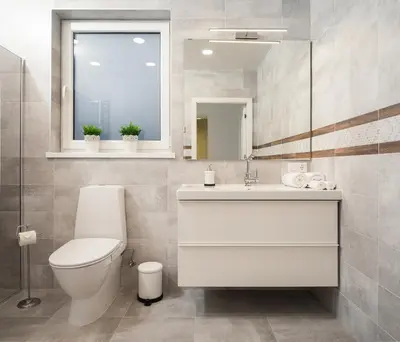 a bathroom with a toilet and a sink and a mirror at Laurentroom Central Park in Ukmergė