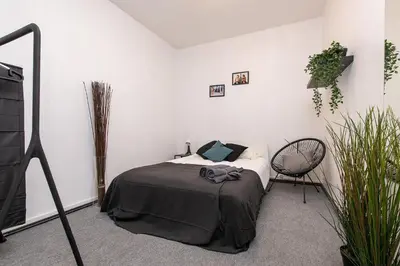 a bedroom with a bed and a tv and plants at The house black in Vilnius