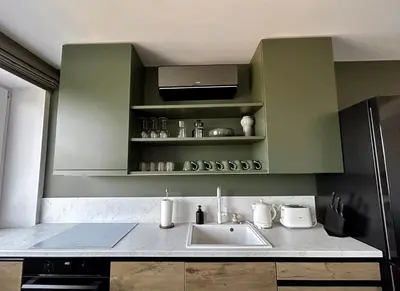 a kitchen with a sink and green walls at Old-New Apartment in Central Kaunas in Kaunas