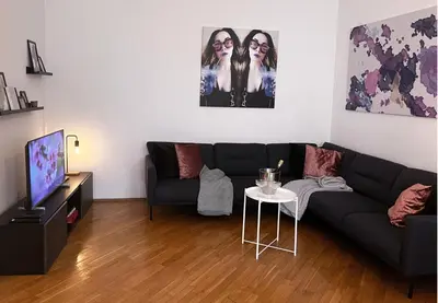 a living room with a black couch and a tv at Old Town home of Evil Dog in Vilnius