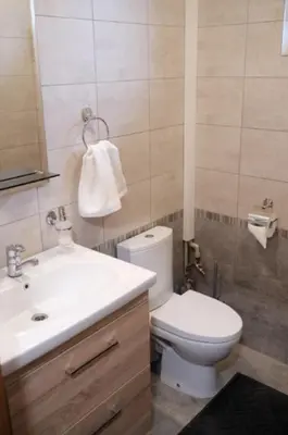 a bathroom with a white toilet and a sink at Alma B&B in Kalvarija